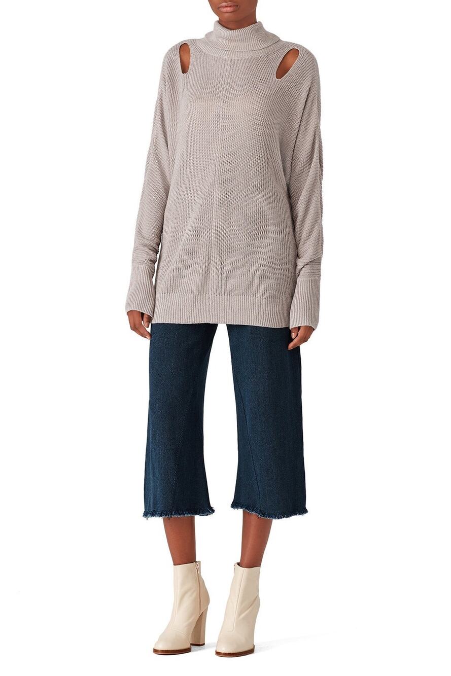 Ella Moss Barley Gray Cut Out Cashmere Blend High Neck Knit Tunic Sweater Size M